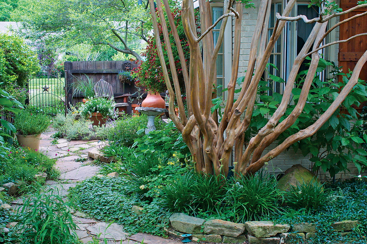 A natural looking garden path has overflowing plants