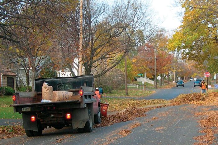 truck picking up fallen leaves