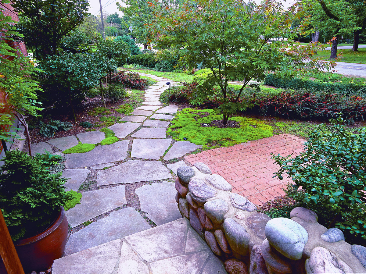 stone pathway through a lawnless front yard