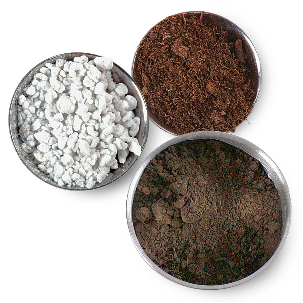 bowls of peat moss, perlite, and garden soil