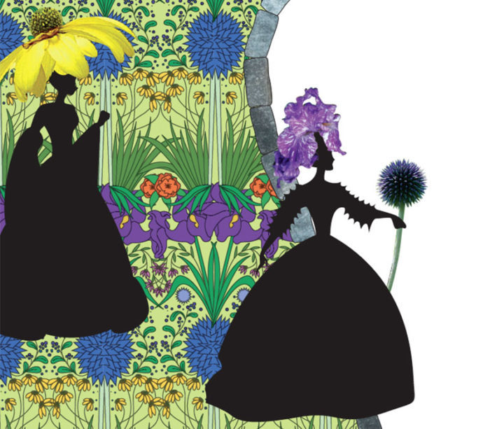 Illustration of silhouettes of queens over the colorful garden