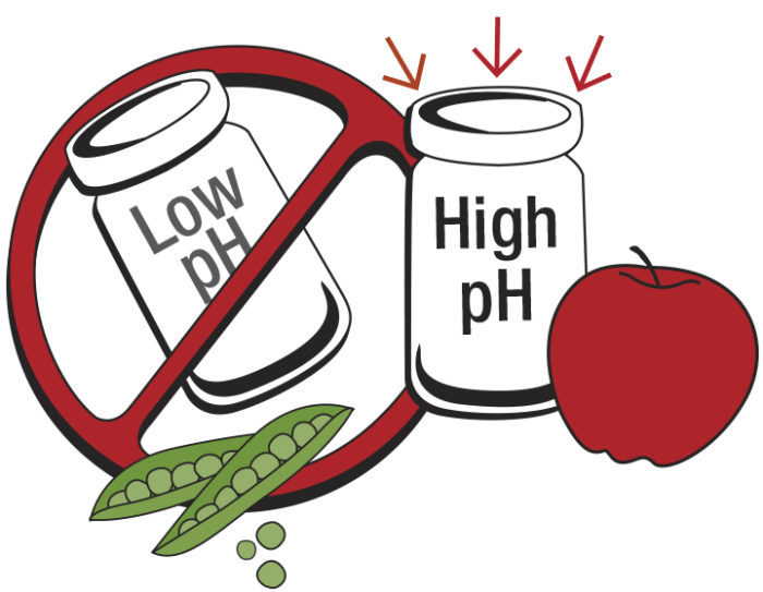 Illustration of a low ph jar and peas which should not be water-bath canned, and a high ph jar and a tomato which can be water-bath canned.