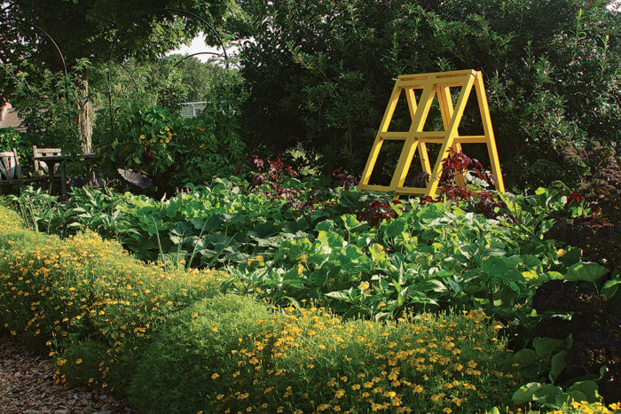 Beautiful edibles intermingle with useful ornamentals and a yellow ladder trellis