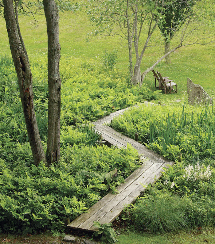 angular man-made path through a natural looking area of the garden