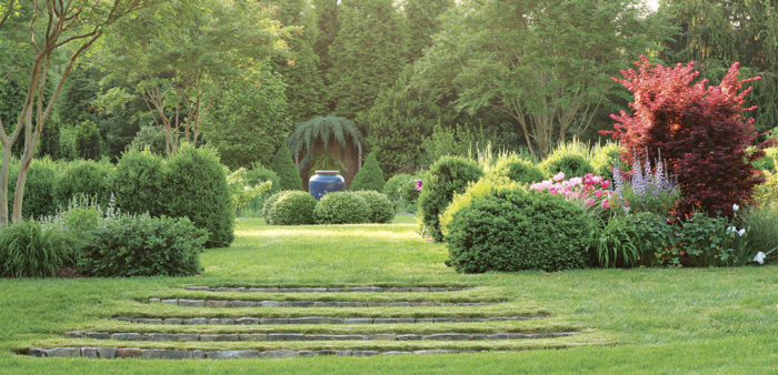 stone steps in the grass narrowing as you go up a slope