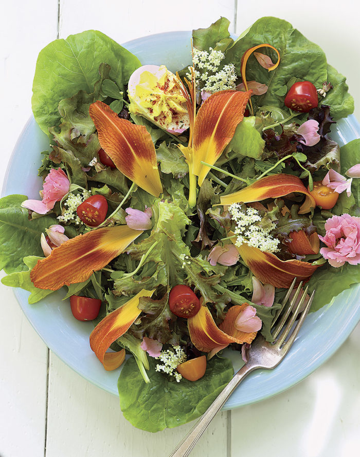 salad plate with edible plants and a fork