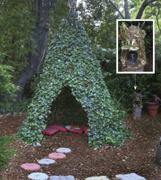 An ivy tepee and fairy houses for the grandchildren in the garden