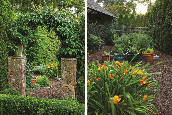 formal garden path on the left, veggie garden and flowers for cutting on the right