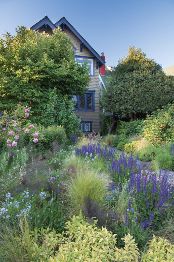 Viewing this home from the front, we can see that the designer of the front yard garden chose many massing plants that give the home a lush, hidden feeling