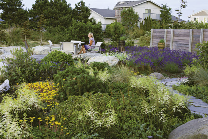 freestanding boulders and a beautiful patio surrounded by low growing plants