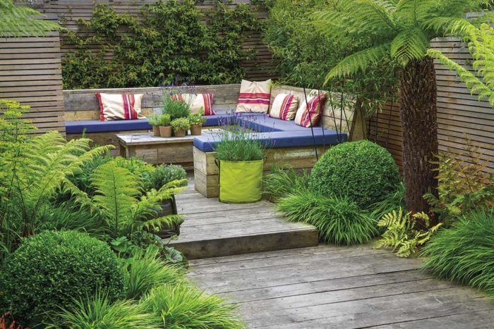 patio with seating and low growing shrubs around it