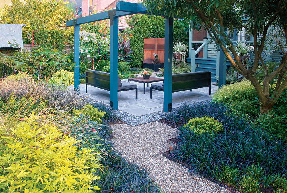 An open tree canopy on the patio with seating and plants around and below it 