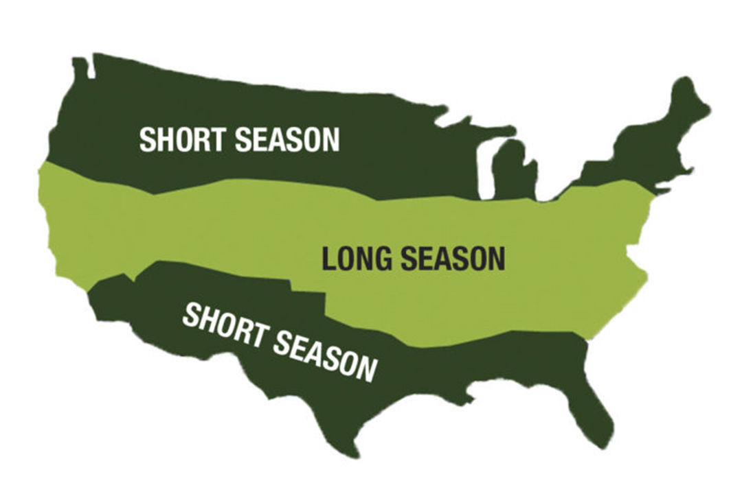 Graphic of the United States with short and long seasons noted