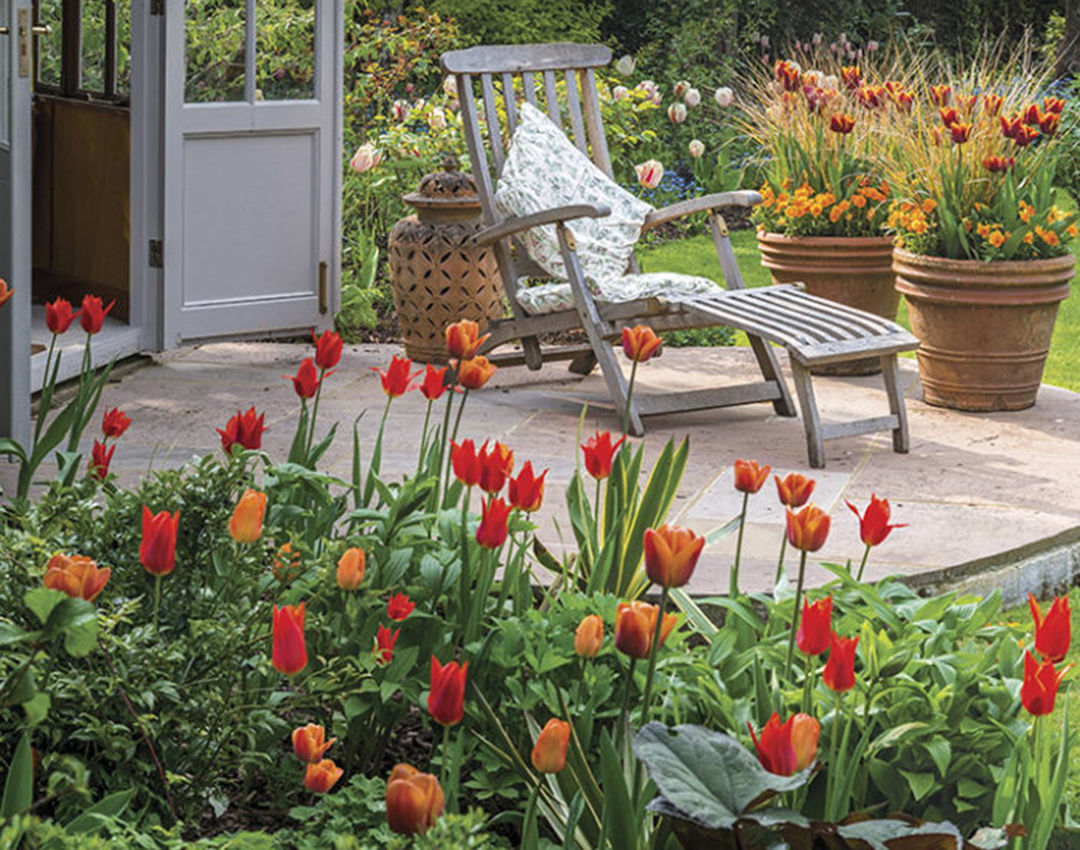 A brown stone patio, beige wooden furniture, and terra-cotta pottery with Brown Sugar’, ‘Generaal de Wet’, and ‘Orange Cassini’ tulips.