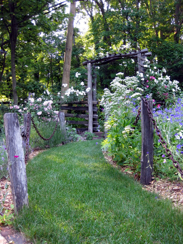 curvy grass path leading to a pergola with plants along the sides and some posts