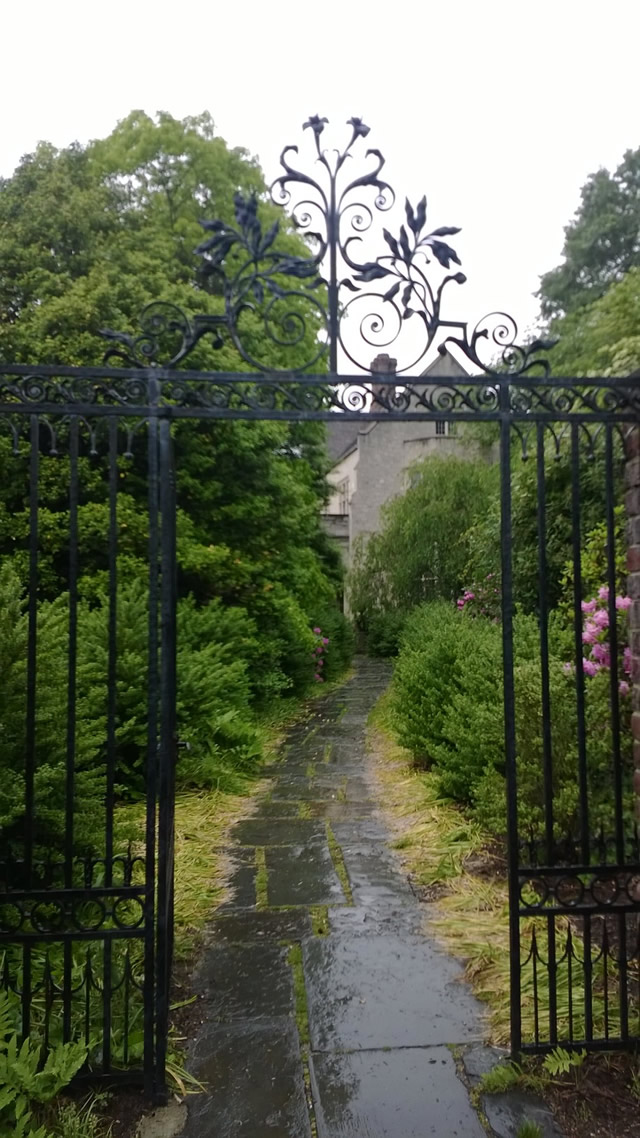 Wet pathway under a black wrought iron gate entryway