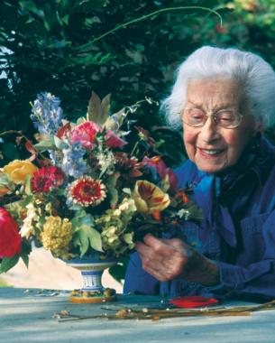 Woman admiring dried flowers in a vase