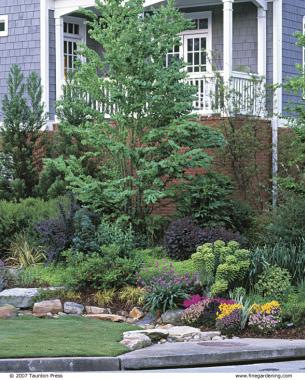 dry streambed near a flowered walkway in front of a house