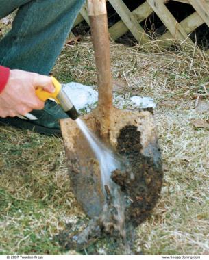 After every use, wash soil and grime from tools with a steady spray of water from the garden hose.