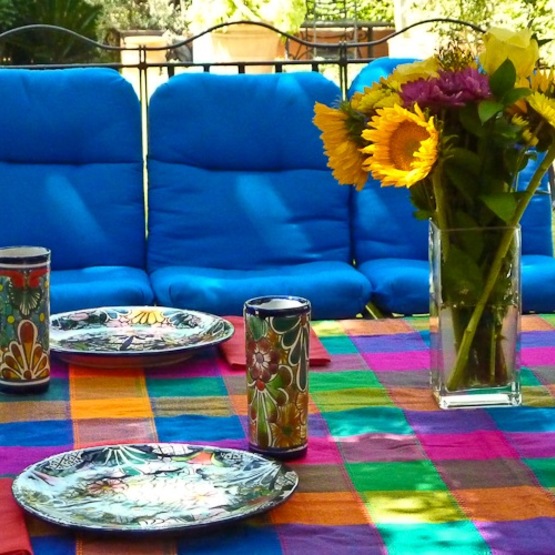 colorful table and blue seats