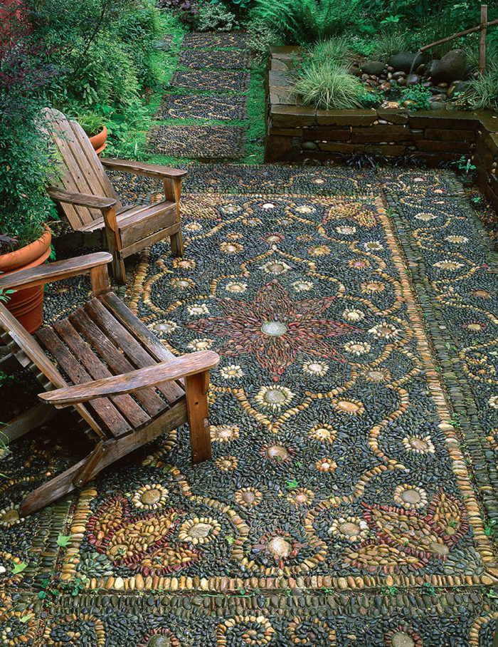 Adirondack chairs on mosaic patio