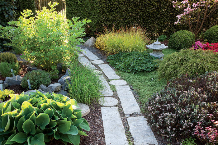 Japanese Garden with Beautiful Stone Path and Lantern