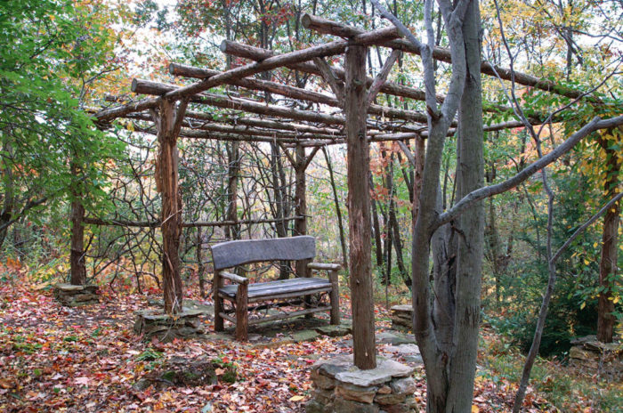 Rustic Pergola Design in the Woods with Bench