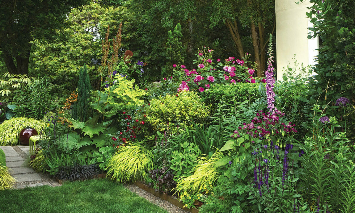 foundation planting with lots of shrubs as well as pink and purple flowers