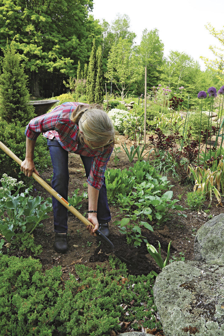 Woman applying mulch in the garden with a shovel