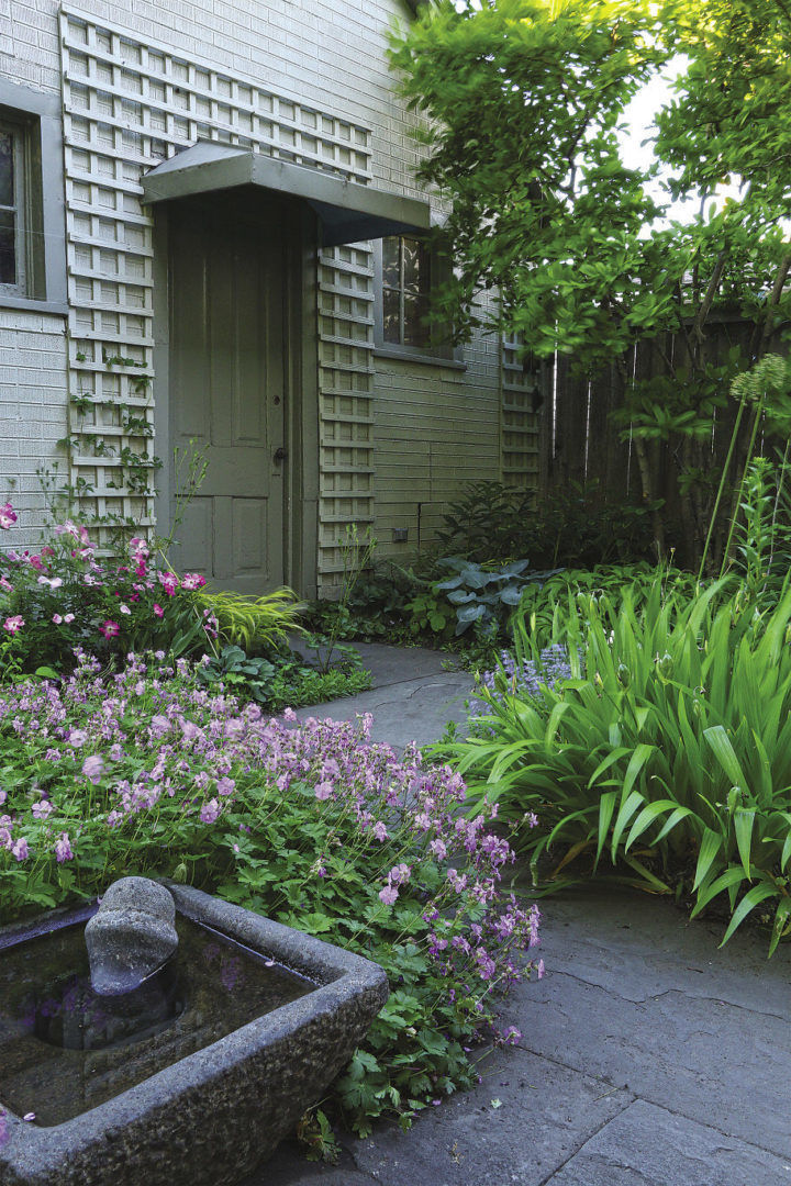 Courtyard garden in front of the door with a pathway and water feature