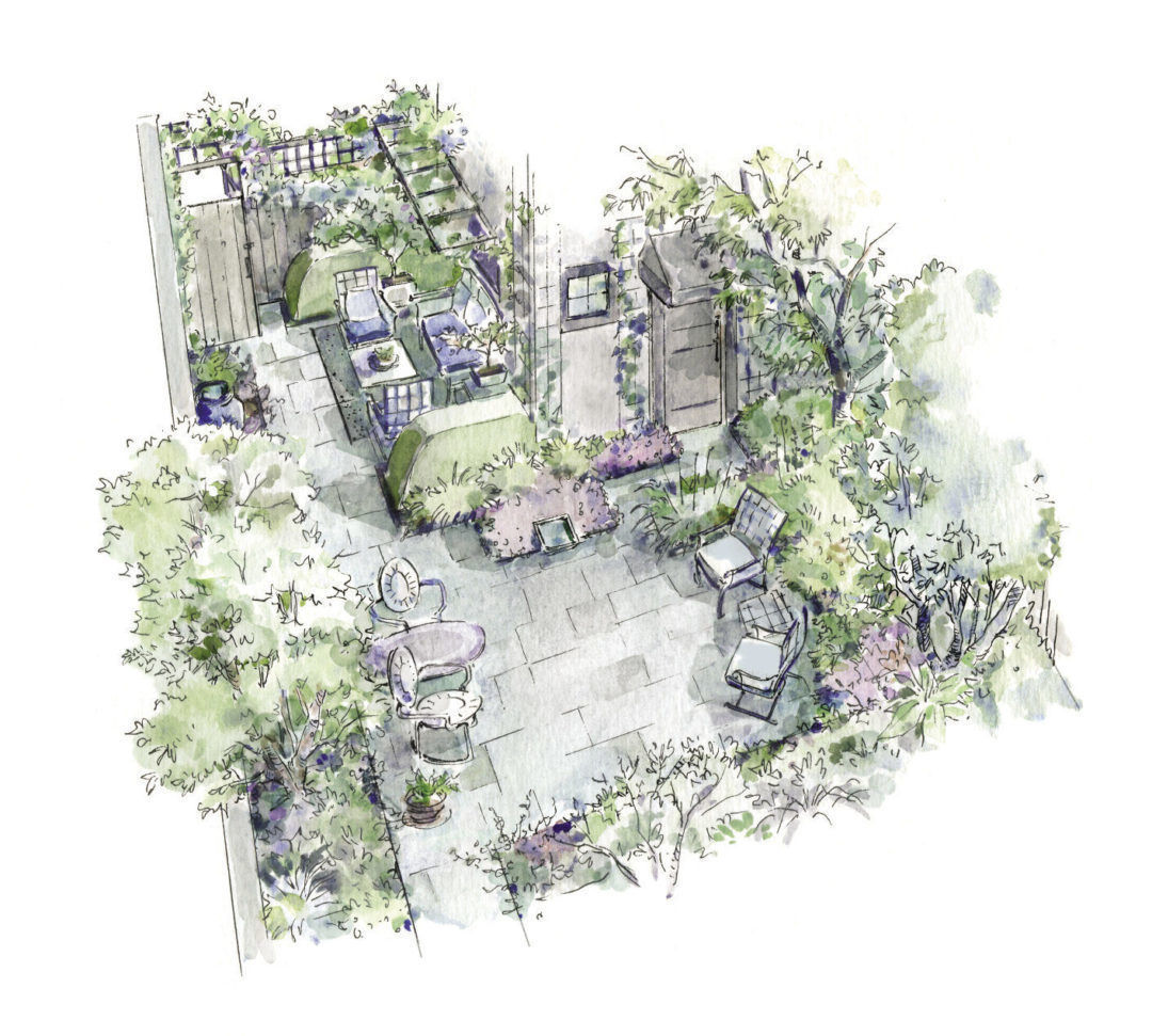 Aerial illustration of generously sized patios and entertaining areas bordered by long, narrow planting beds