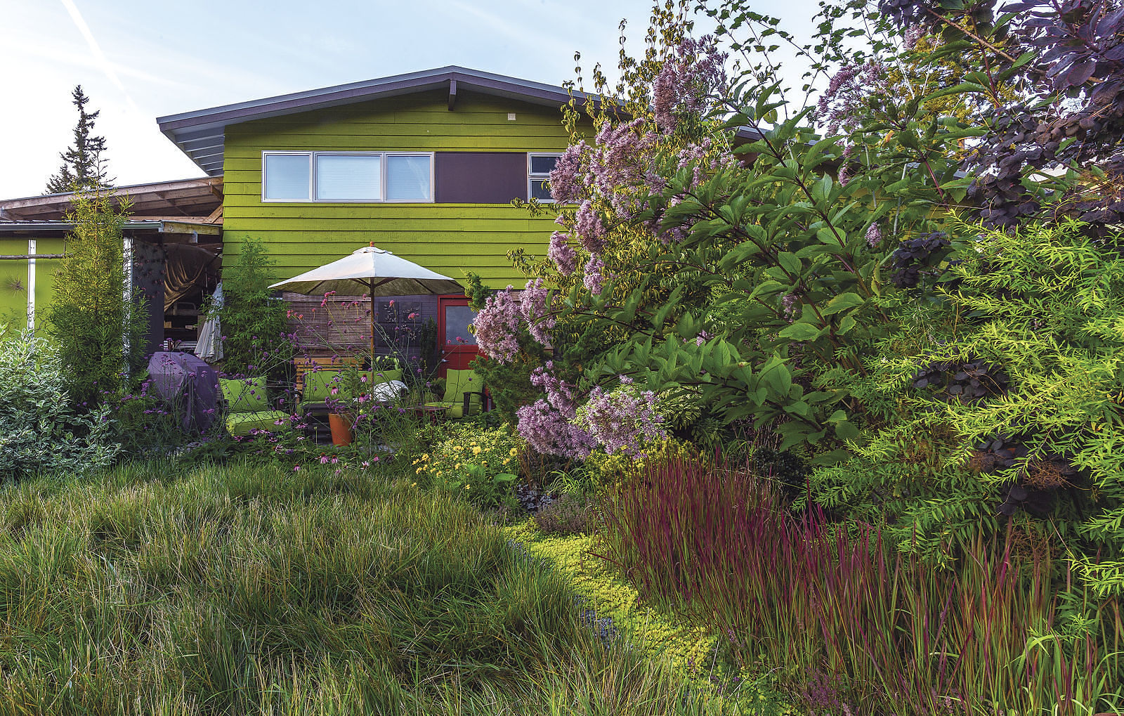 The area for relaxing with friends is shady and looks out over the colorful, textured plantings.