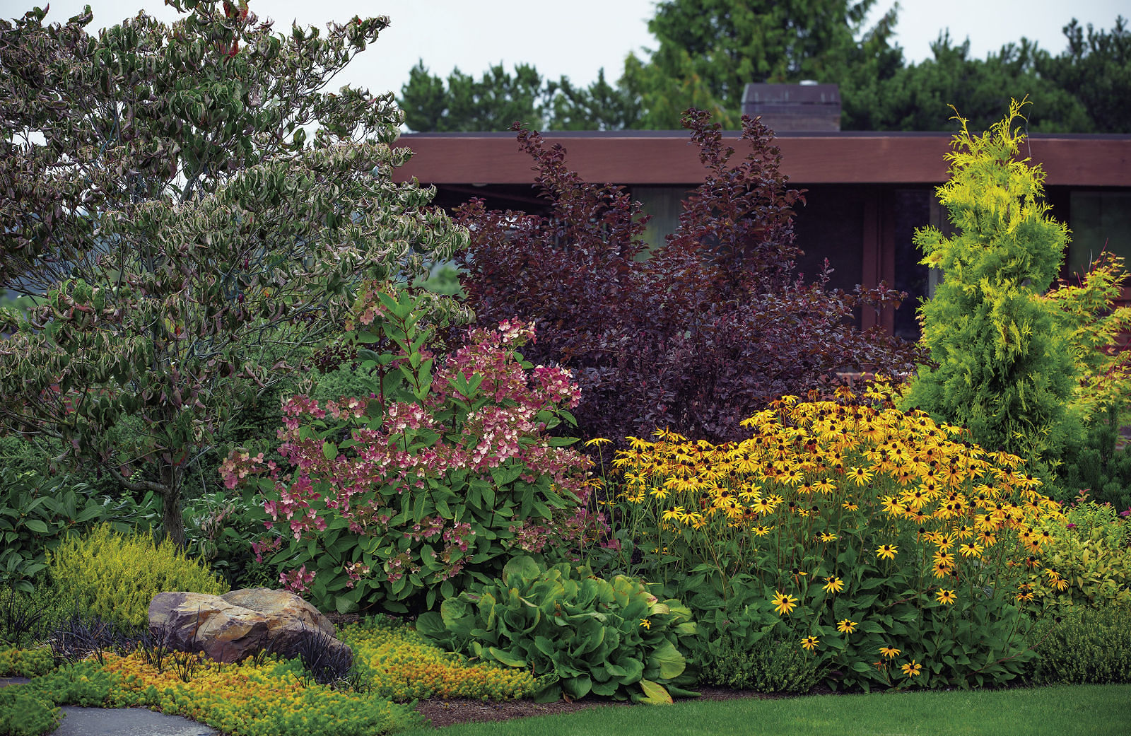 dark house and shrubs accentuated with some lighter yellows, pinks and greens 