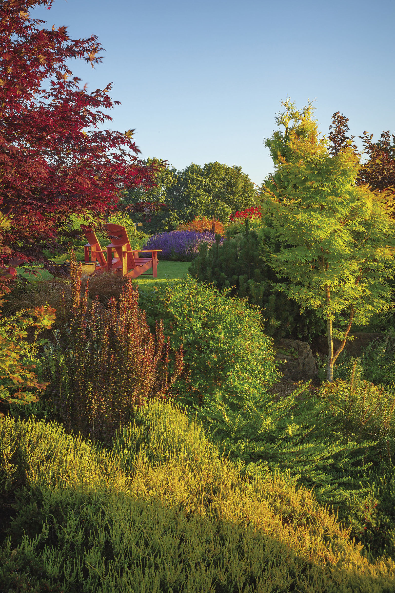 green lawn, colorful plants and red Adirondack chairs overlooking a vista with blue sky