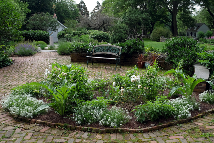 Mount Hope Farm patio garden newly planted and mulched with buckwheat hulls