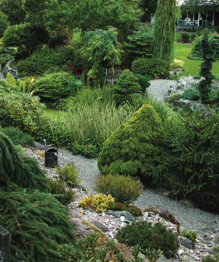 Narrow pathways allow visitors to slow down and enjoy the view, including small alpine plants and exotic conifers around the rock garden.