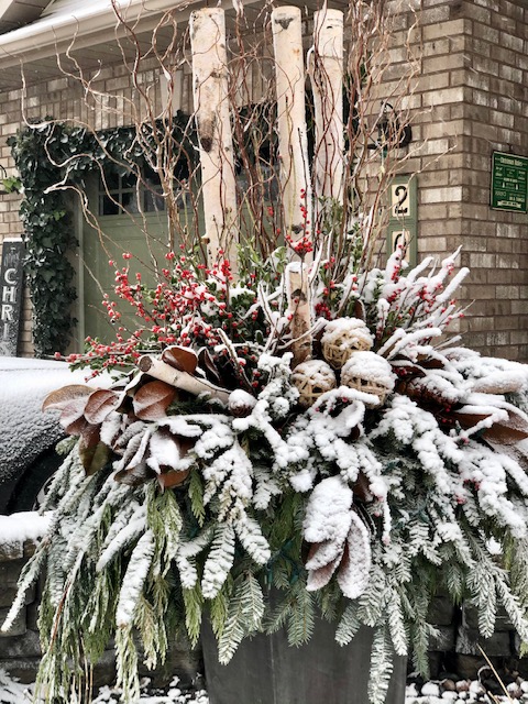 winter arrangement covered in snow