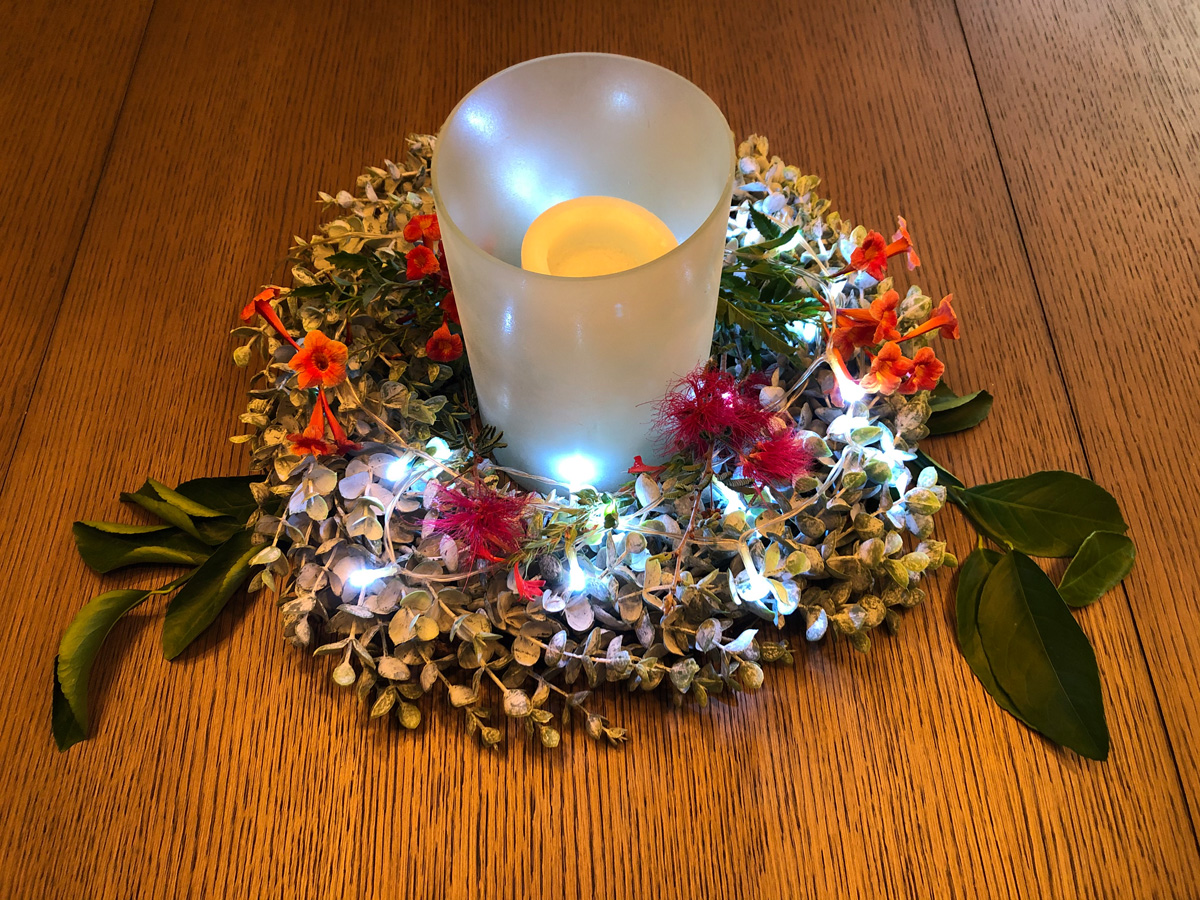 wreath with twinkle lights and blooms from my yard