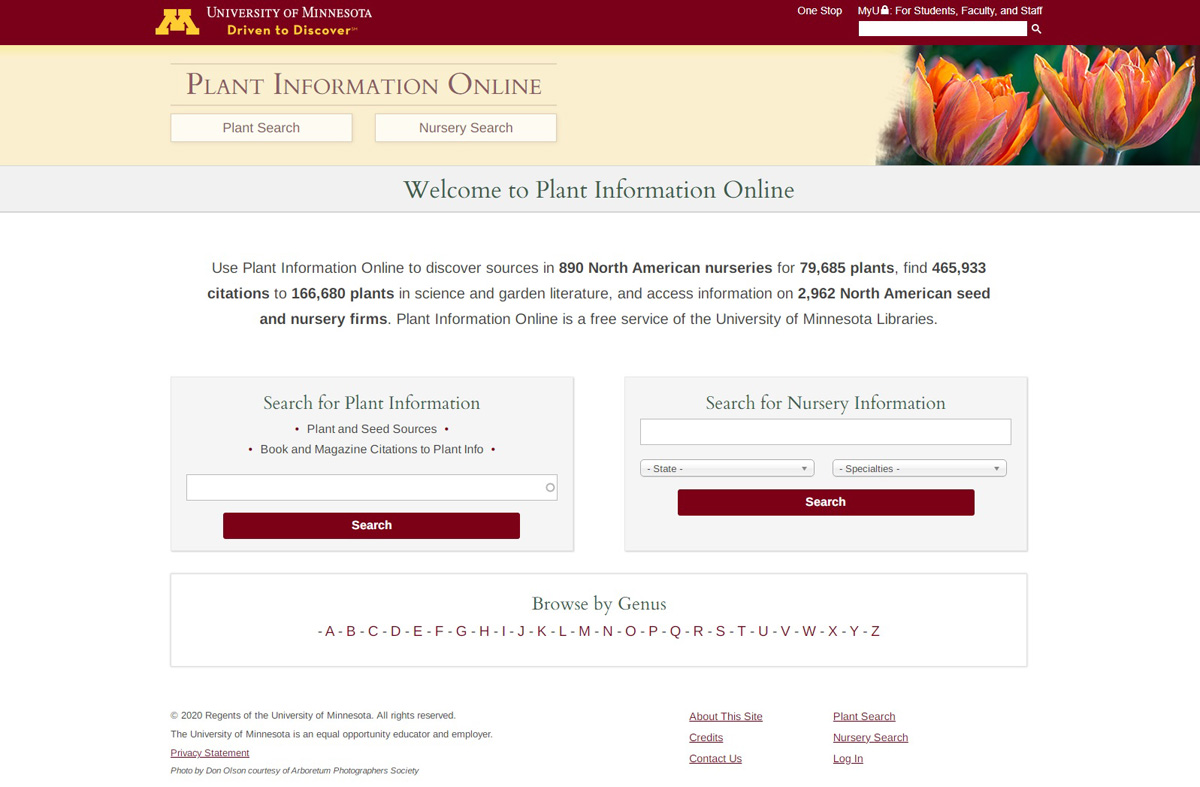 Screenshot of University of Missouri plant finder website