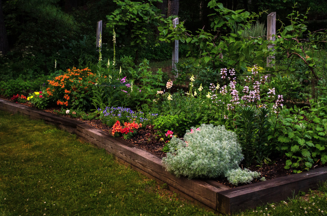 Raised garden bed filled with flowers