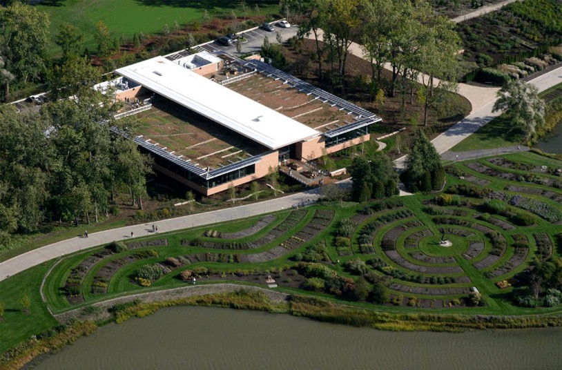 aerial view of trial garden and rooftop garden on Plant Conservation Science Center