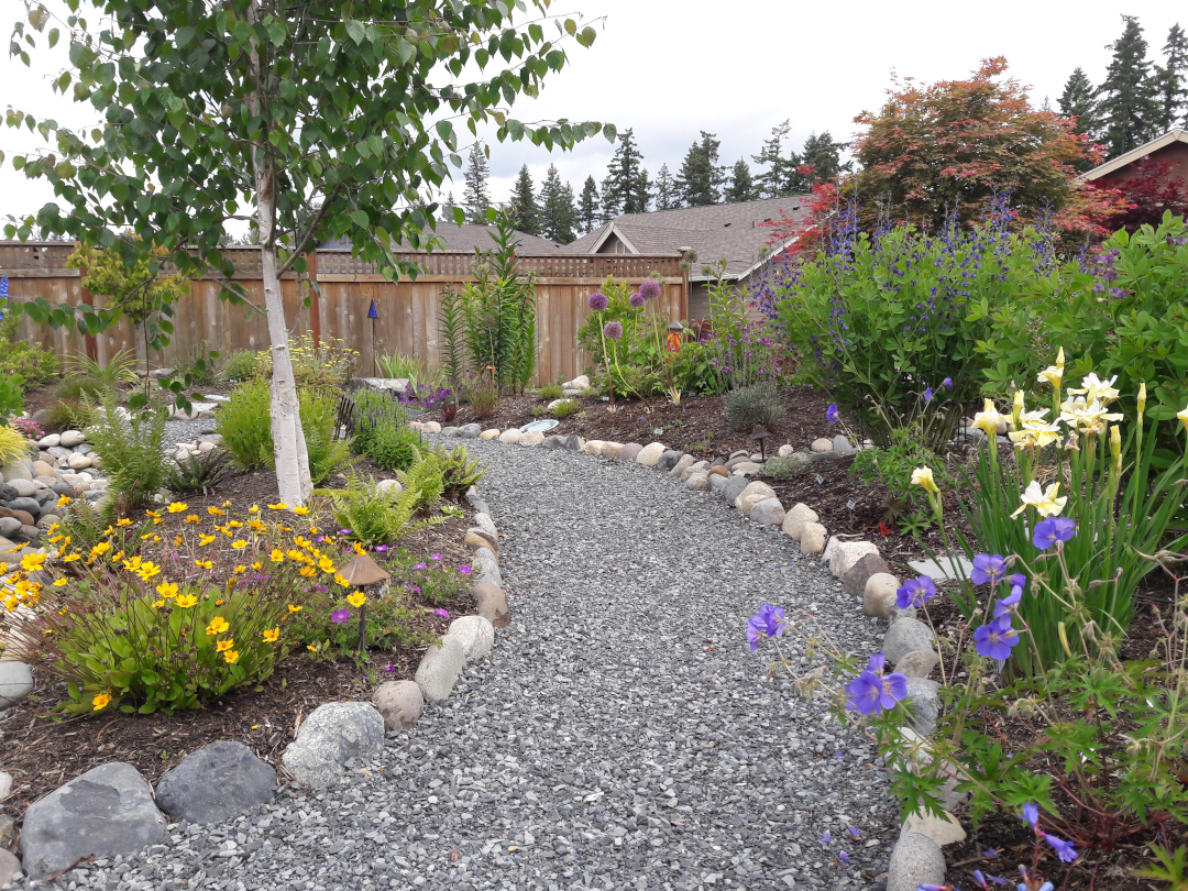 A gravel path curving through a garden