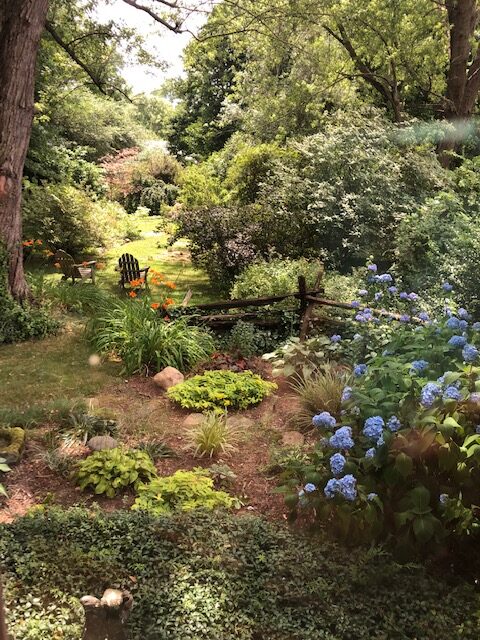 shaded garden with two chairs looking out towards a sunny garden space beyond