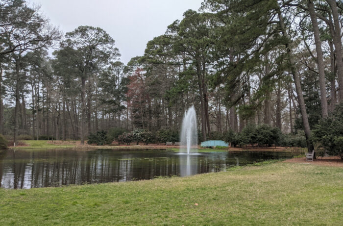 A pond with a fountain in it