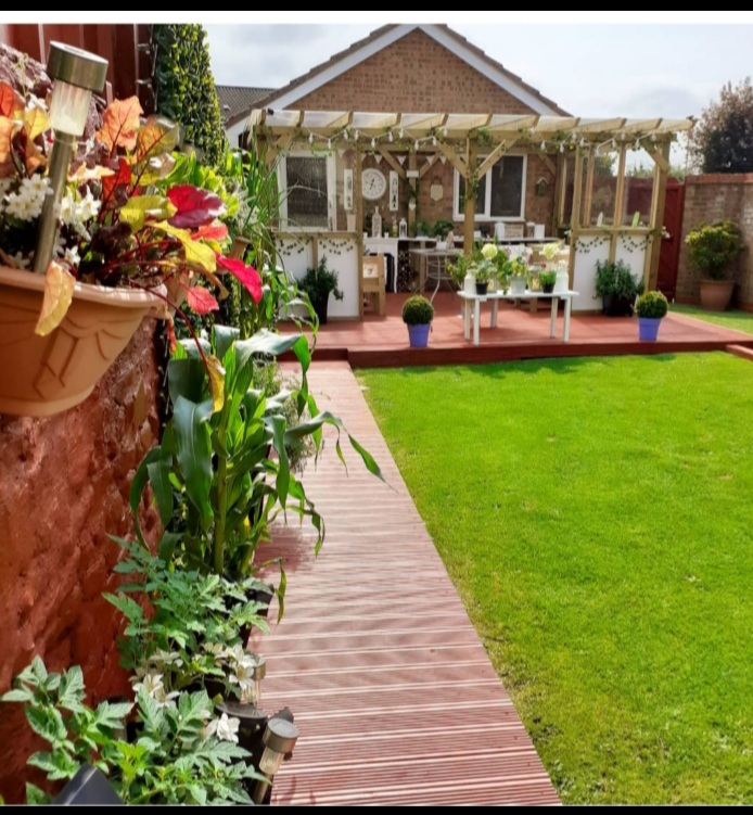 A garden with a deck, pergola, and plants