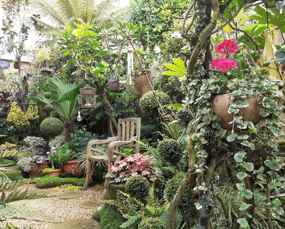 chair surrounded by plants and shrubs