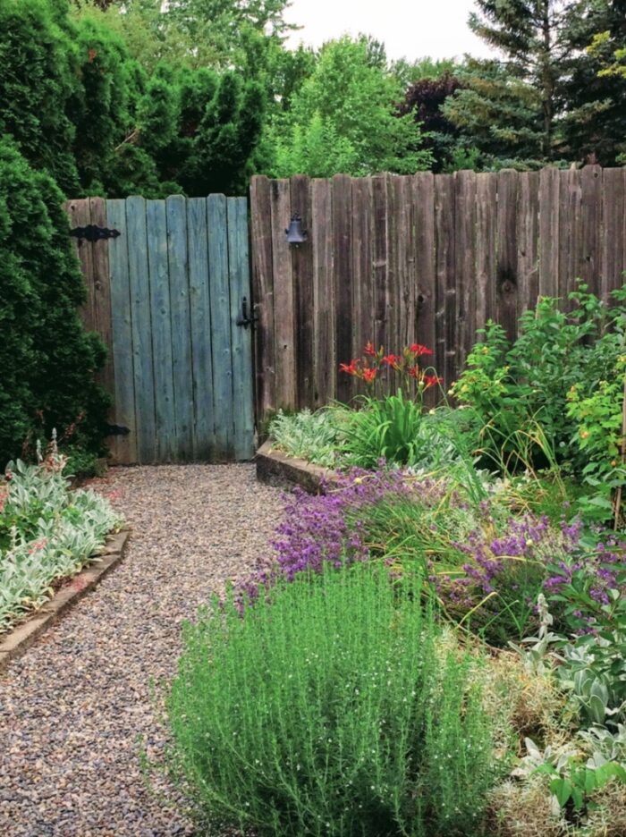 garden path leading to a rustic wood fence