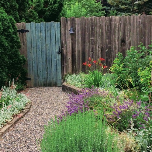 garden path leading to a rustic wood fence
