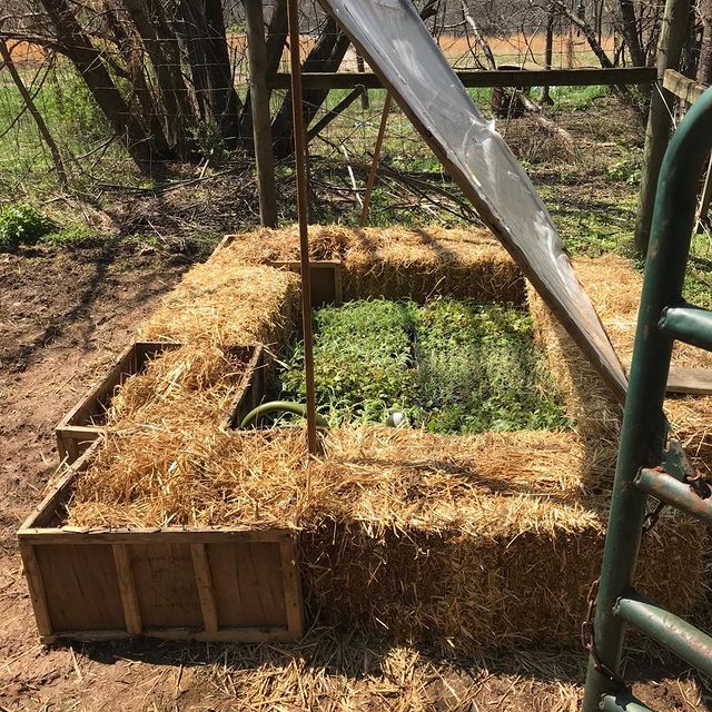 a garden cold frame made out of bails of straw