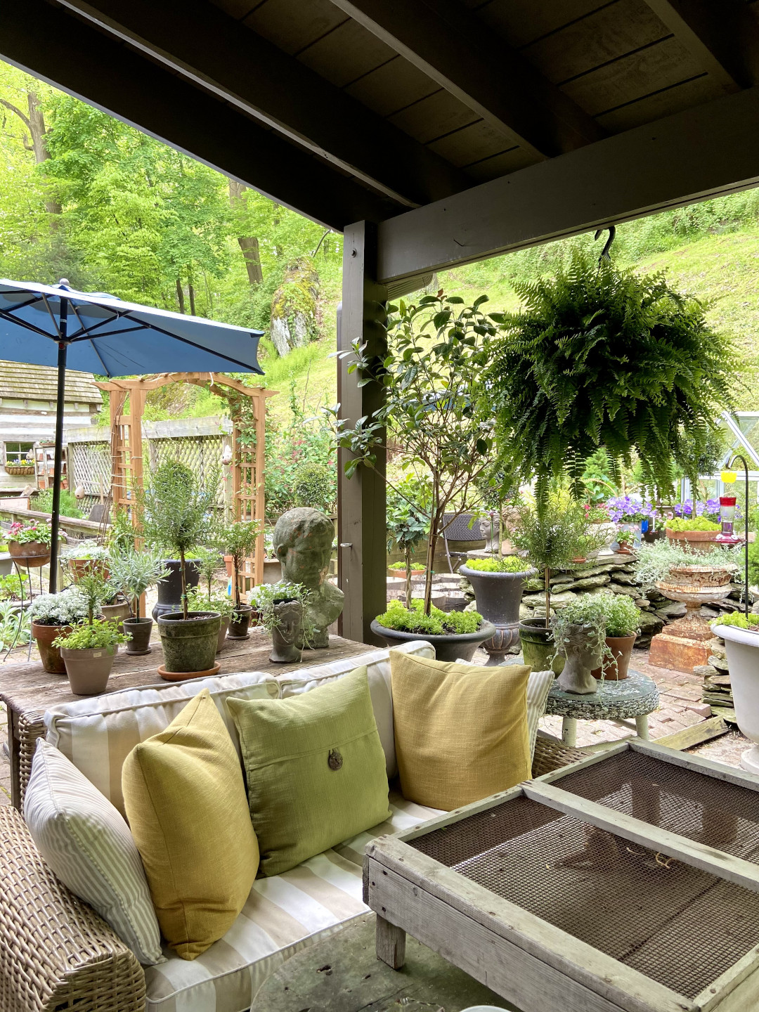 A rustic table on a porch